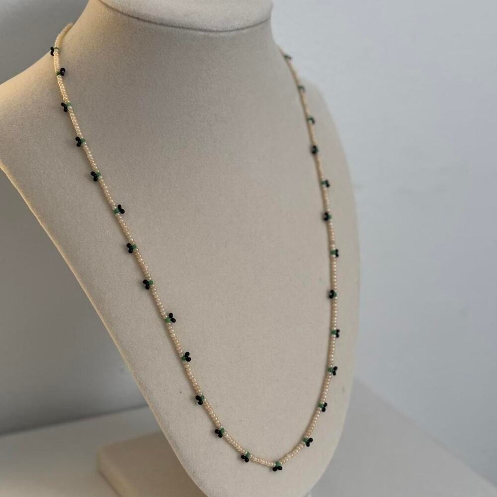 Cream Black Beaded Necklace Handmade Unique Elegant Jewelry Gift Artisan Piece - Picture 2 of 3